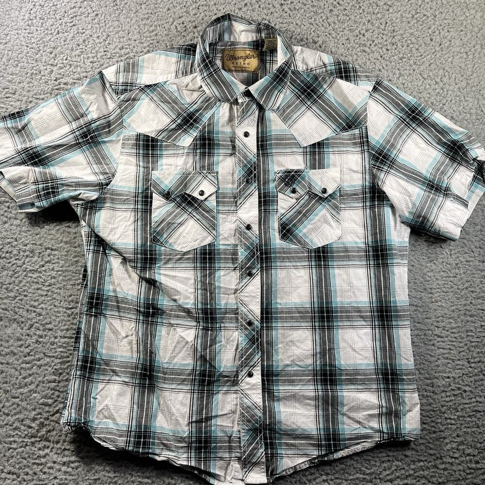 Wrangler Retro Western Snap Shirt Men's XL Short Sleeve Blue Black Plaid